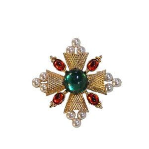 Women's Gold Plated Faux Pearl Green Orange Resin Brooch NWOT